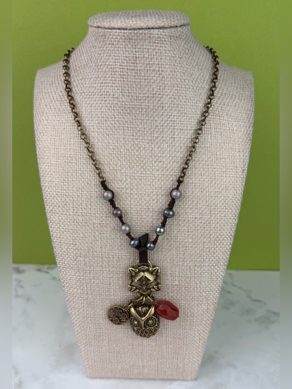 Lucky Brand Boho Brass Owl Medallion Charm Necklace Grey Pearls Carnelian